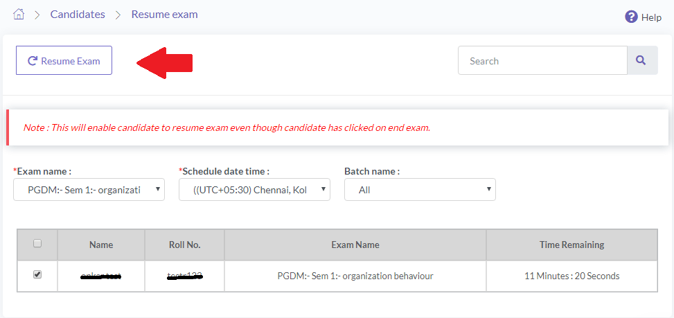 Resume Online Exam for User