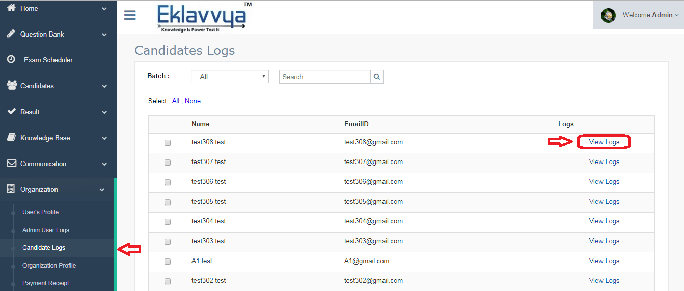 Check Candidate log entries of Online Exam