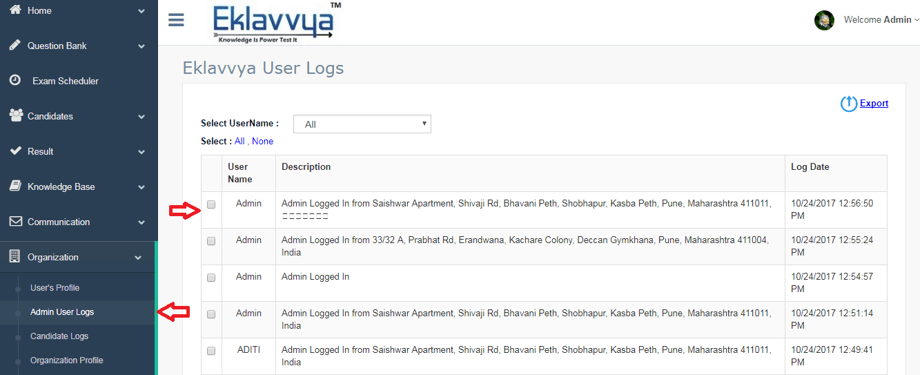 Check Institute User audit log entries for Online Exam Activity