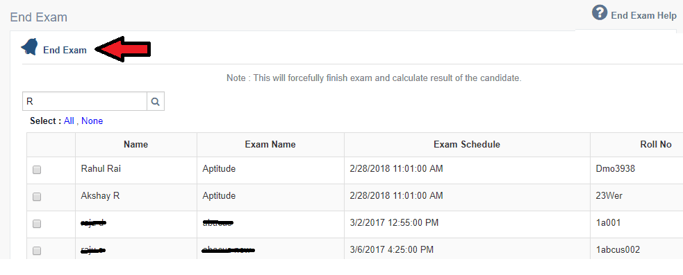 End Online Exam for Candidate