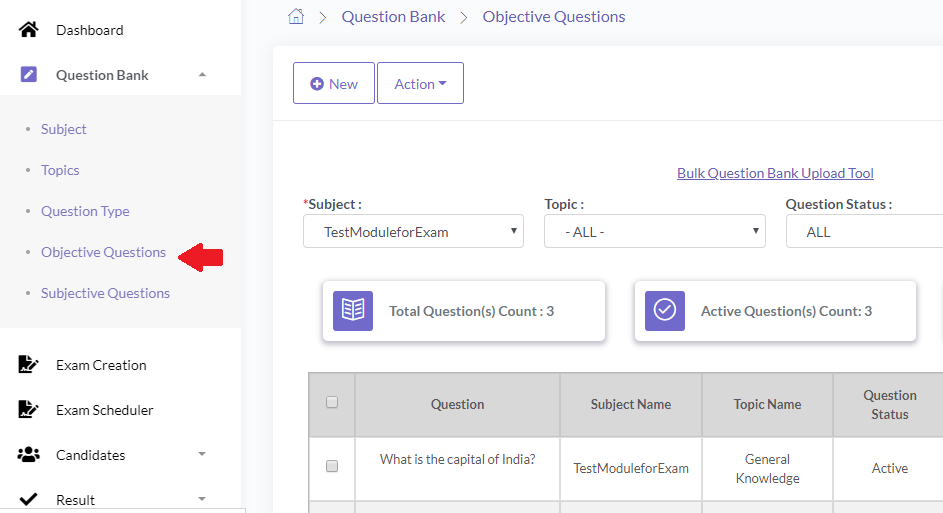 Objective Questions Menu