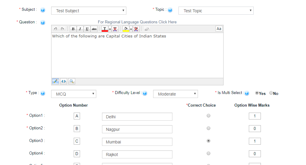 Questions with multiple responses in online exam