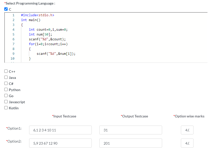 define Coding test cases with marks