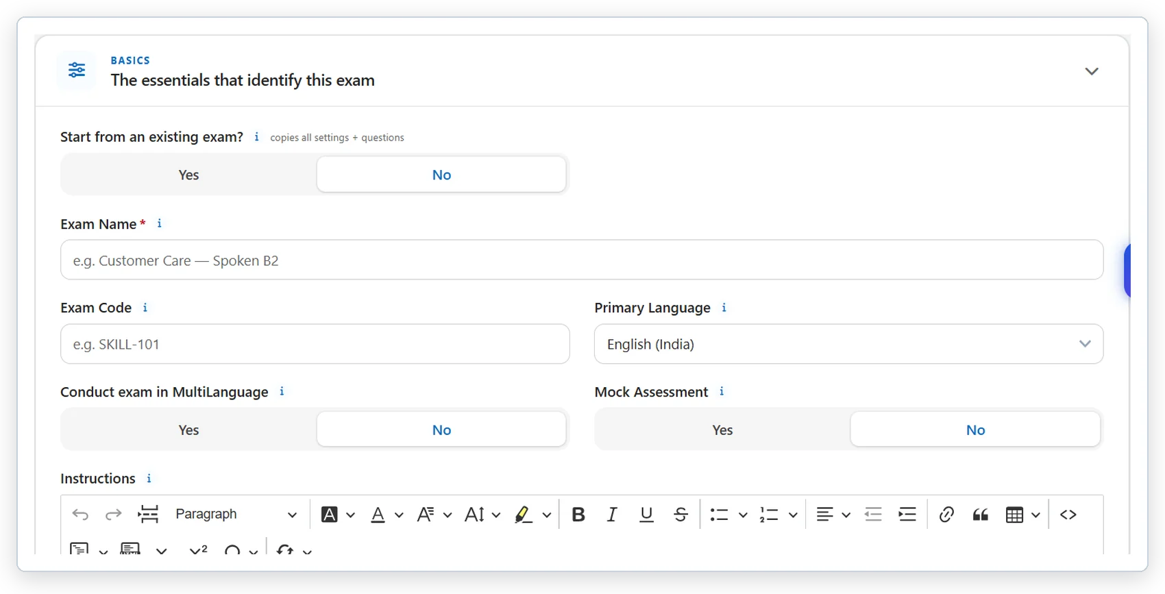 Exam setup screen showing the option to start from an existing exam, which copies all settings and questions