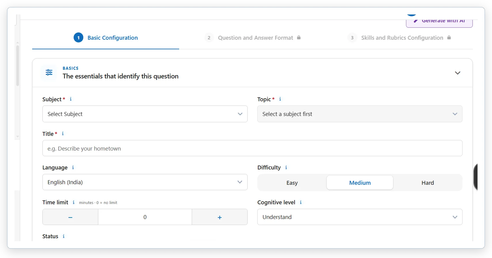 Question builder showing subject, topic, difficulty and cognitive level fields on a skill-tagged question