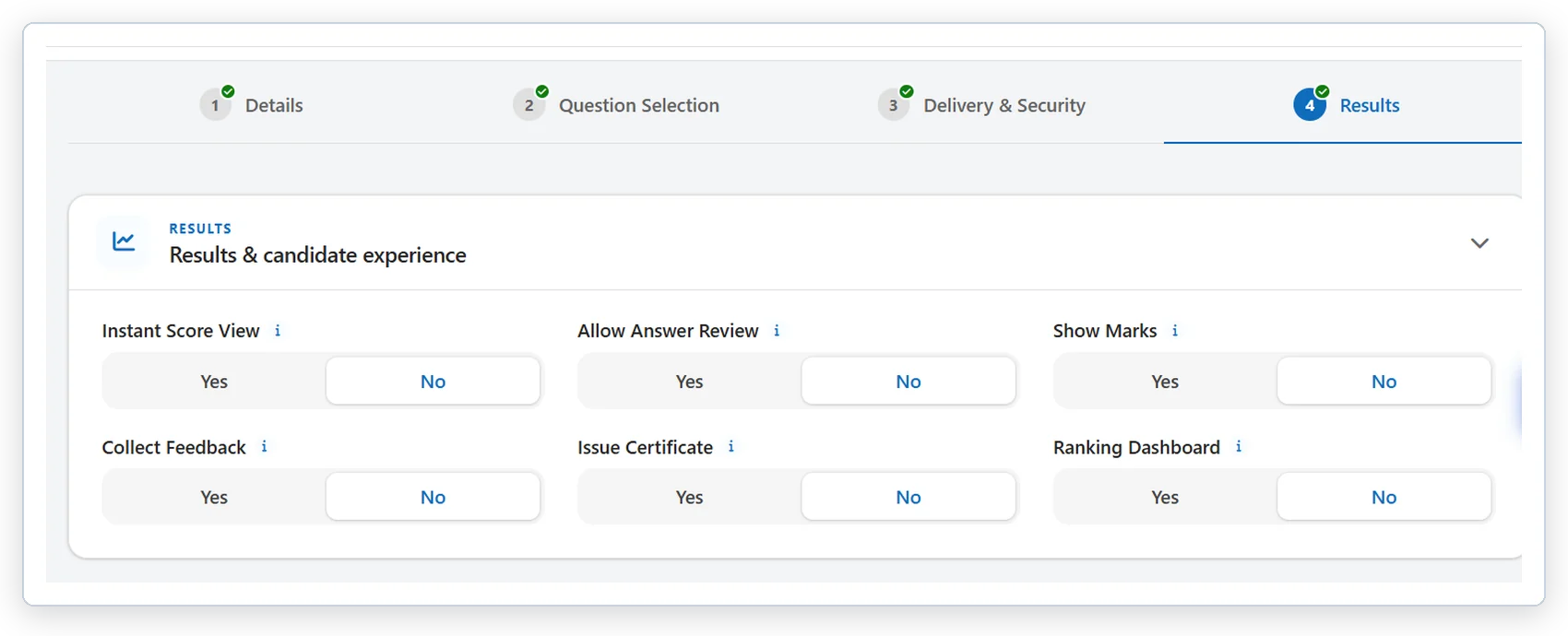 Results configuration screen with instant score view, answer review, certificate issue and ranking dashboard options
